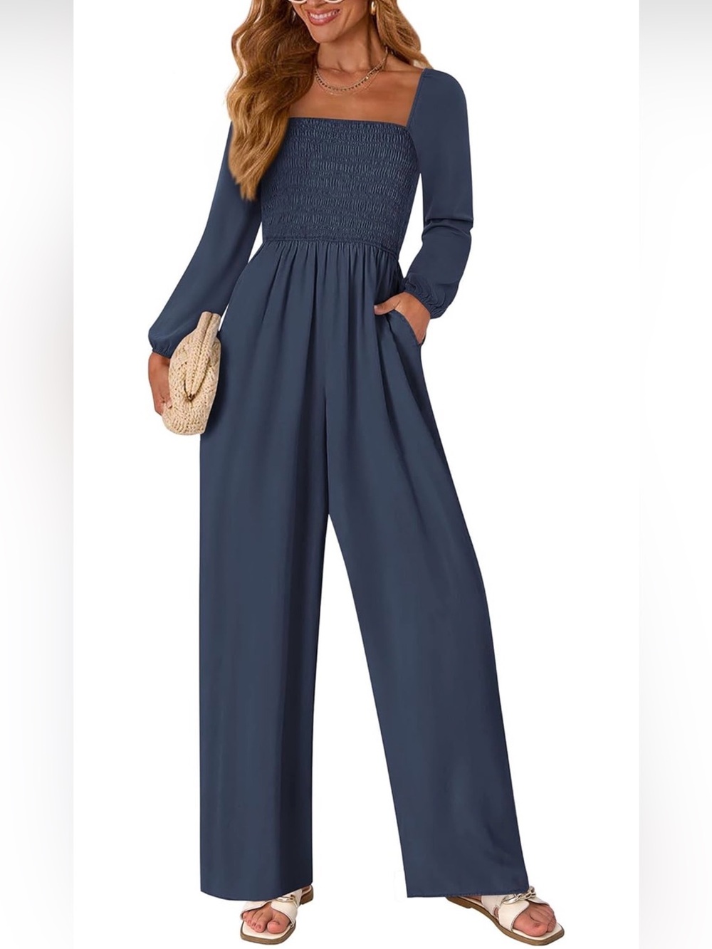 Square-Neck Long-Sleeve Wide-Leg Jumpsuit - Navy